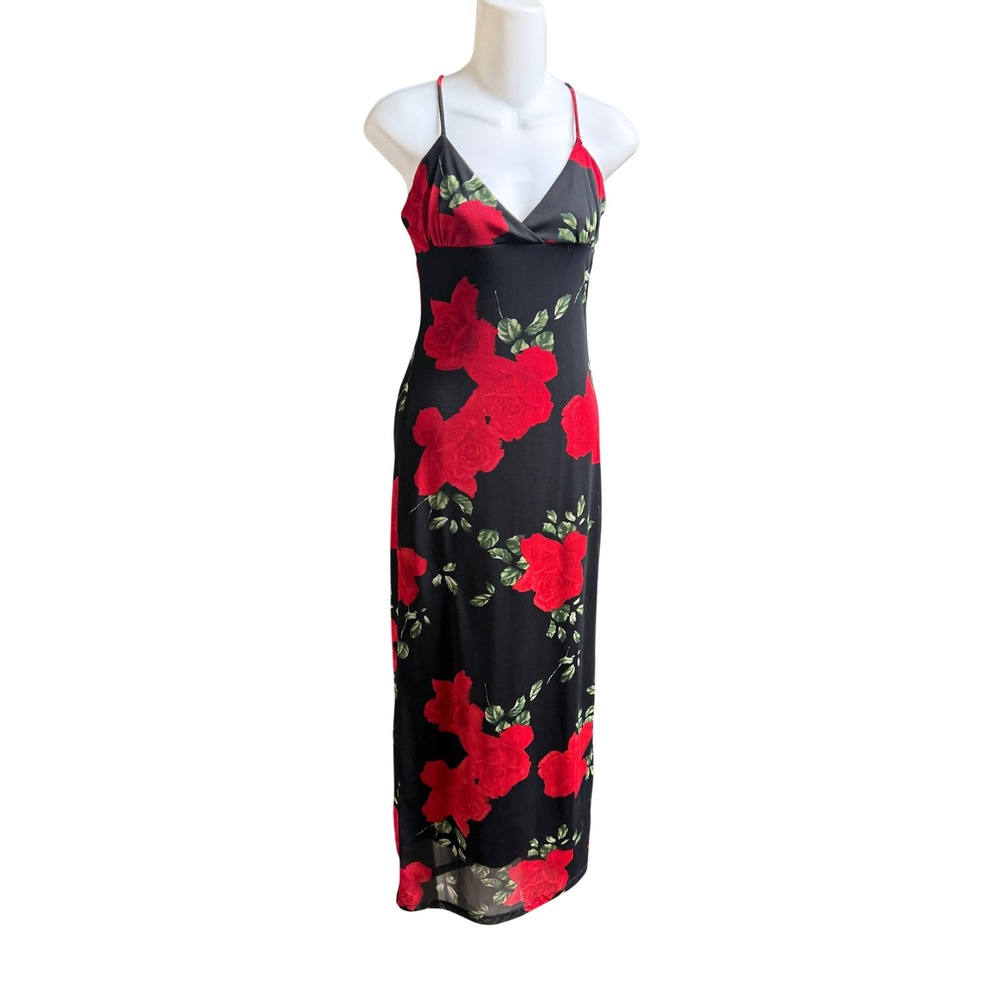 Rocket Candy Maxi Dress Mesh Red Rose Black Small Vintage 90s Goth Grunge Glam